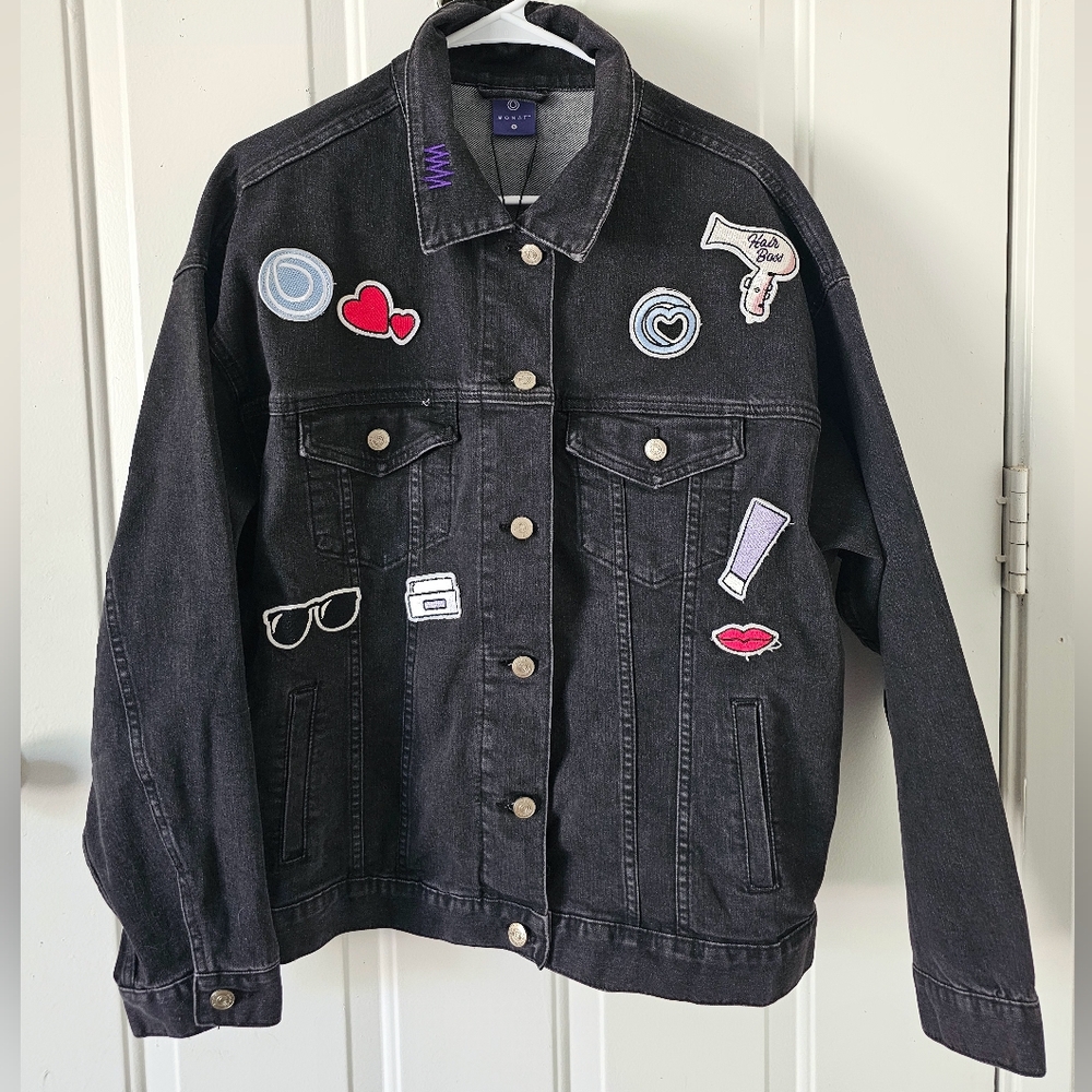 Monat NWT Boss Babe Black Oversized Denim Jacket with Fun Patches‎ Size S